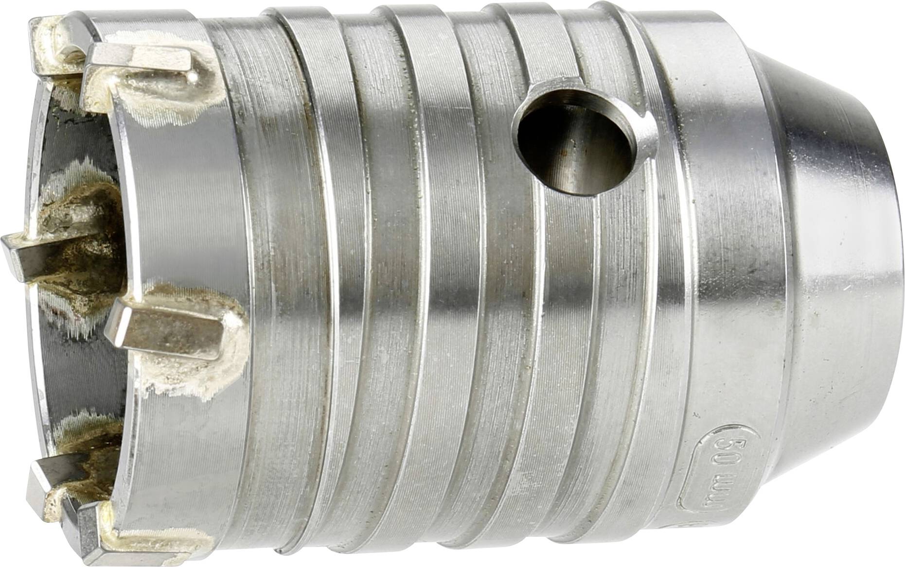 A cylindrical metal drill head with multiple cutting edges and a side opening.
