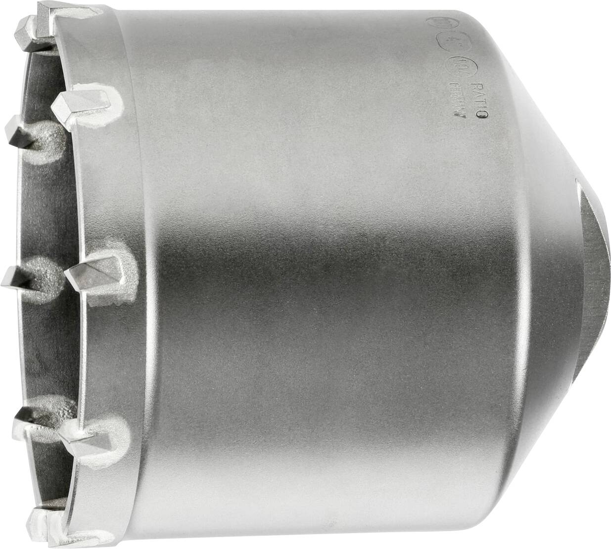 Metallic core drill with sharp points, cylindrical in shape, used for precision drilling in hard materials.