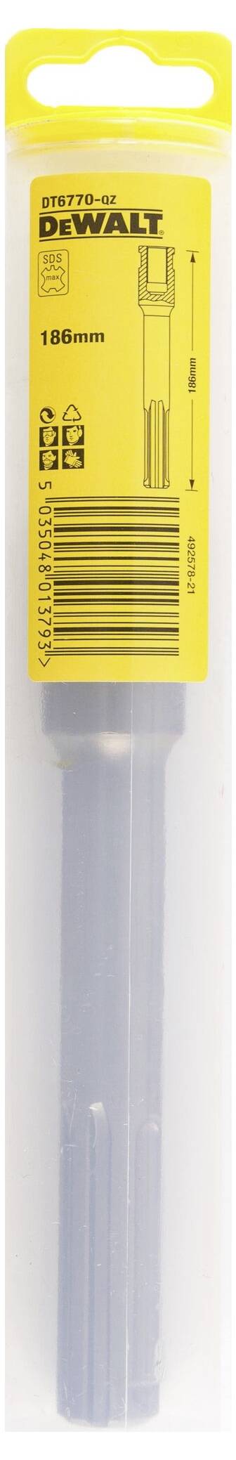 A DeWalt hammer drill in a yellow packaging. Length: 165 mm. Packaging contains product information and barcode.