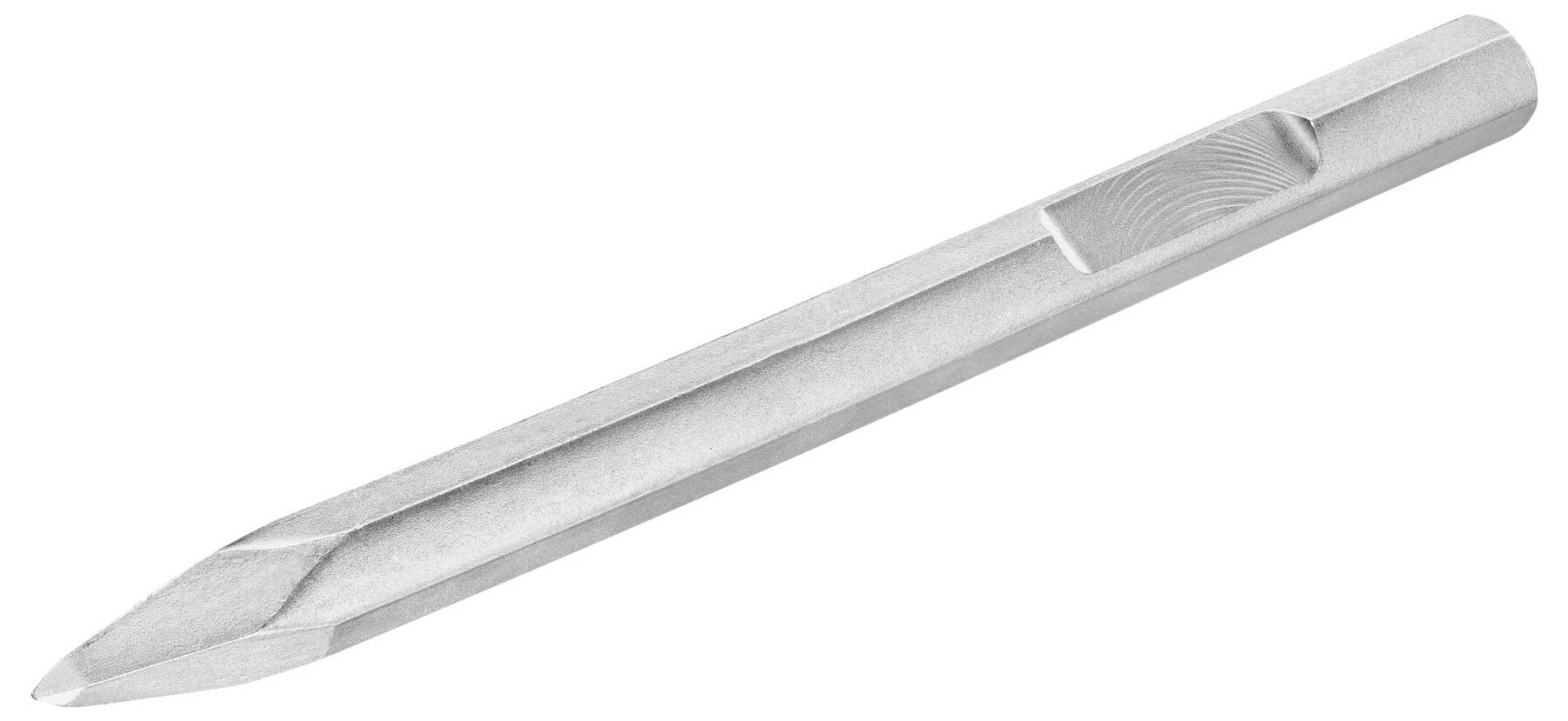 A silver steel chisel with a hexagonal cross-section and flattened tip lies diagonally, ready to work on hard materials.
