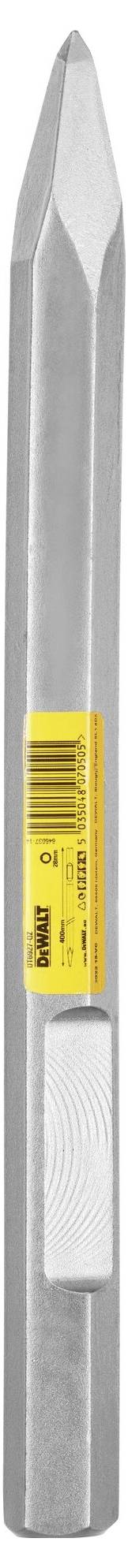 Silver metal etching with a yellow label and barcode in the centre. The tool has a sharpened point and smooth edges.