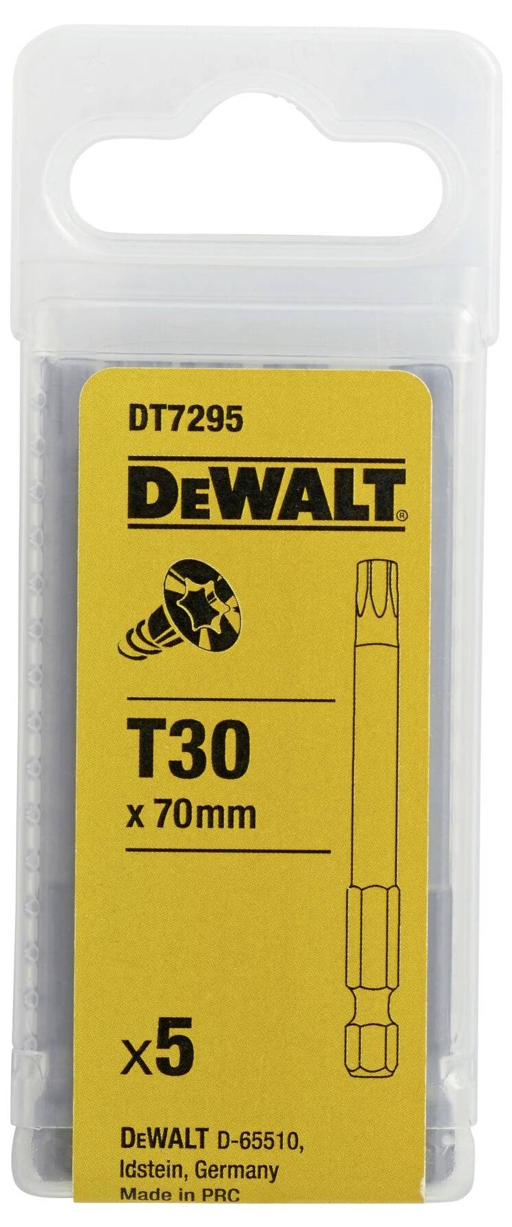 'DeWALT T30 x 70mm, 5-Pack. Screwdriver Bits, Article Number DT7295, manufactured in PRC for DeWALT, Idstein, Germany.'