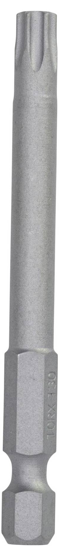 A silver-coloured, hexagonal screwdriver bit with a knurled end. It is used for fastening or loosening screws.
