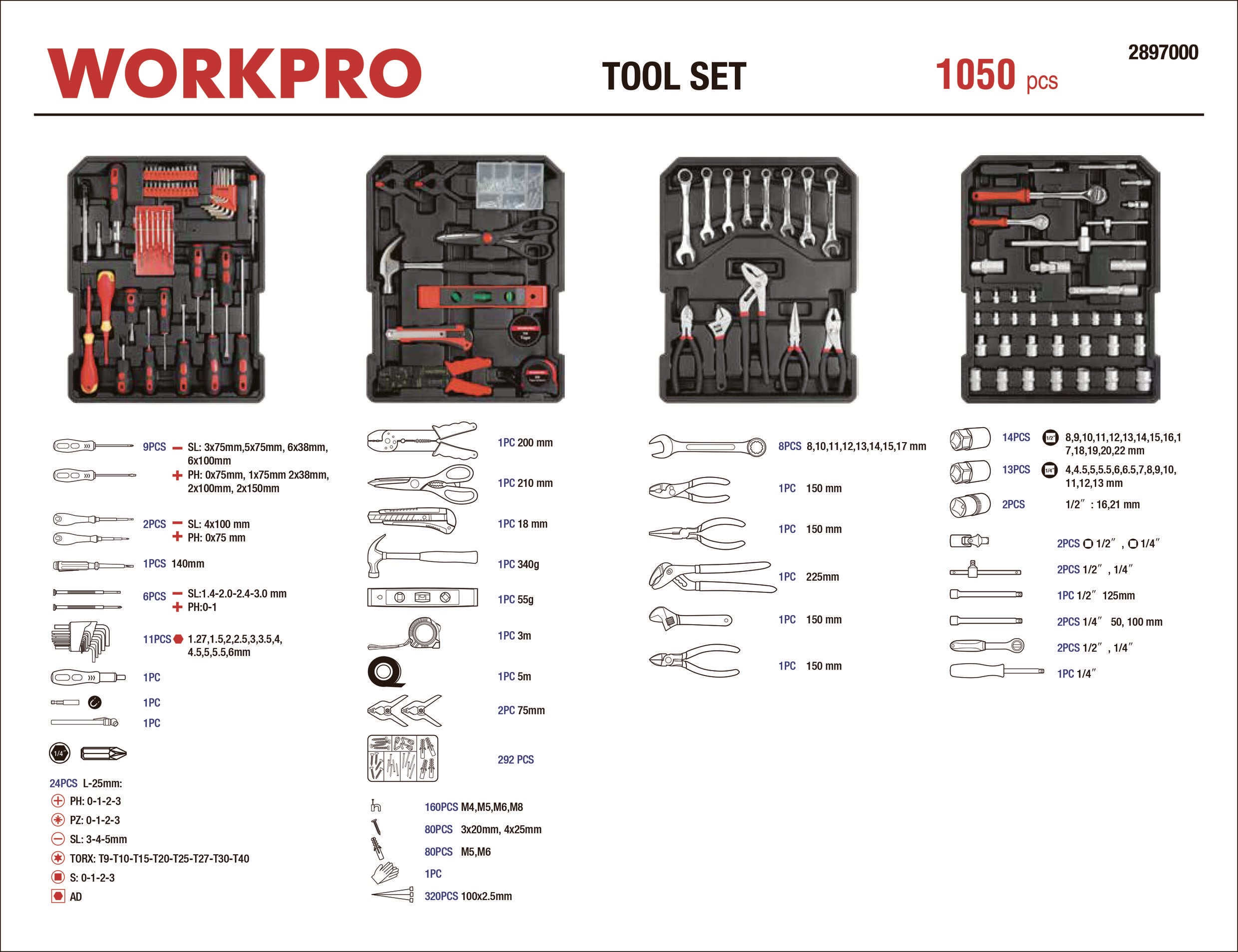 'WORKPRO Tool Set, 1050-piece.' Image shows an opened tool case with various tools. Different tool sizes and types are listed.