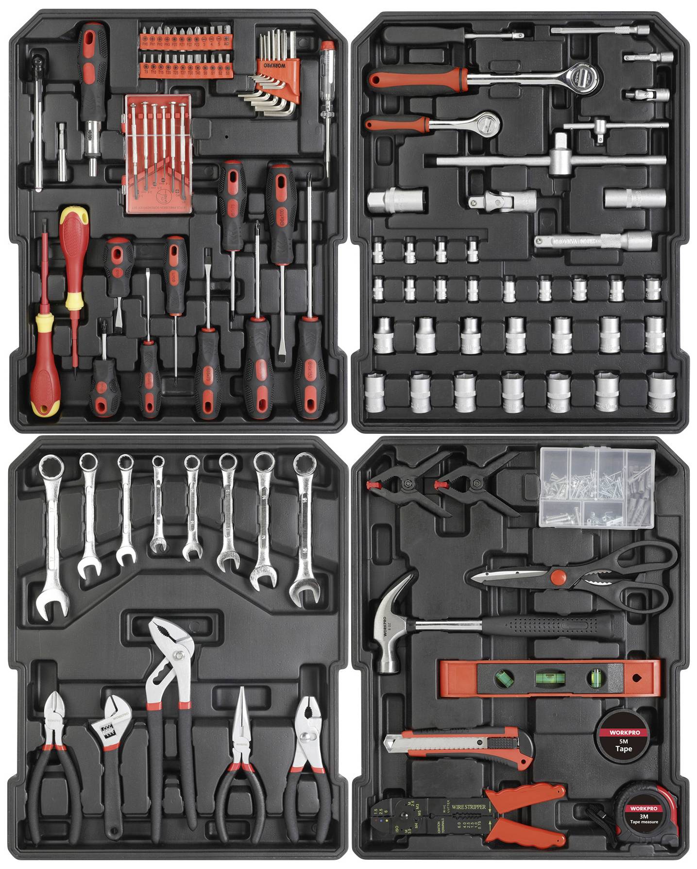 A tool kit with various hand tools: screwdrivers, socket wrenches, pliers, hammer, spirit level and tape measure.