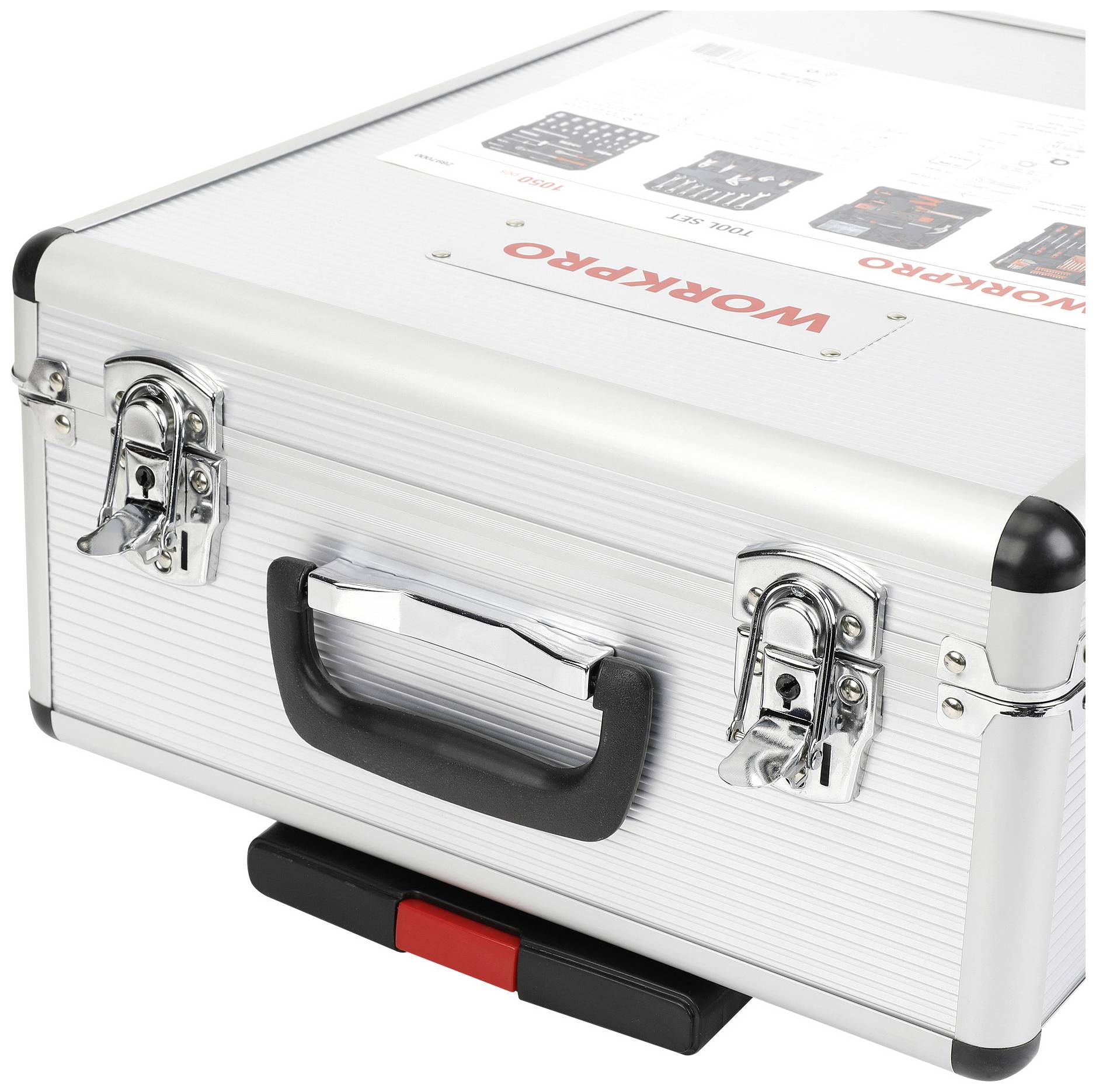 'Silver tool case with black handle and metal locks, 'WORKPRO' inscription on the lid. Suitable for tool storage.'