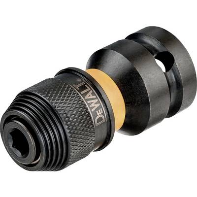A black quick-change drill chuck adapter with a yellow ring, suitable for tools or drill bits from the DEWALT brand.