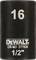 Black DeWalt socket insert, 16 mm and 1/2 inch in size, labelled 'CR-MO DT7534'.