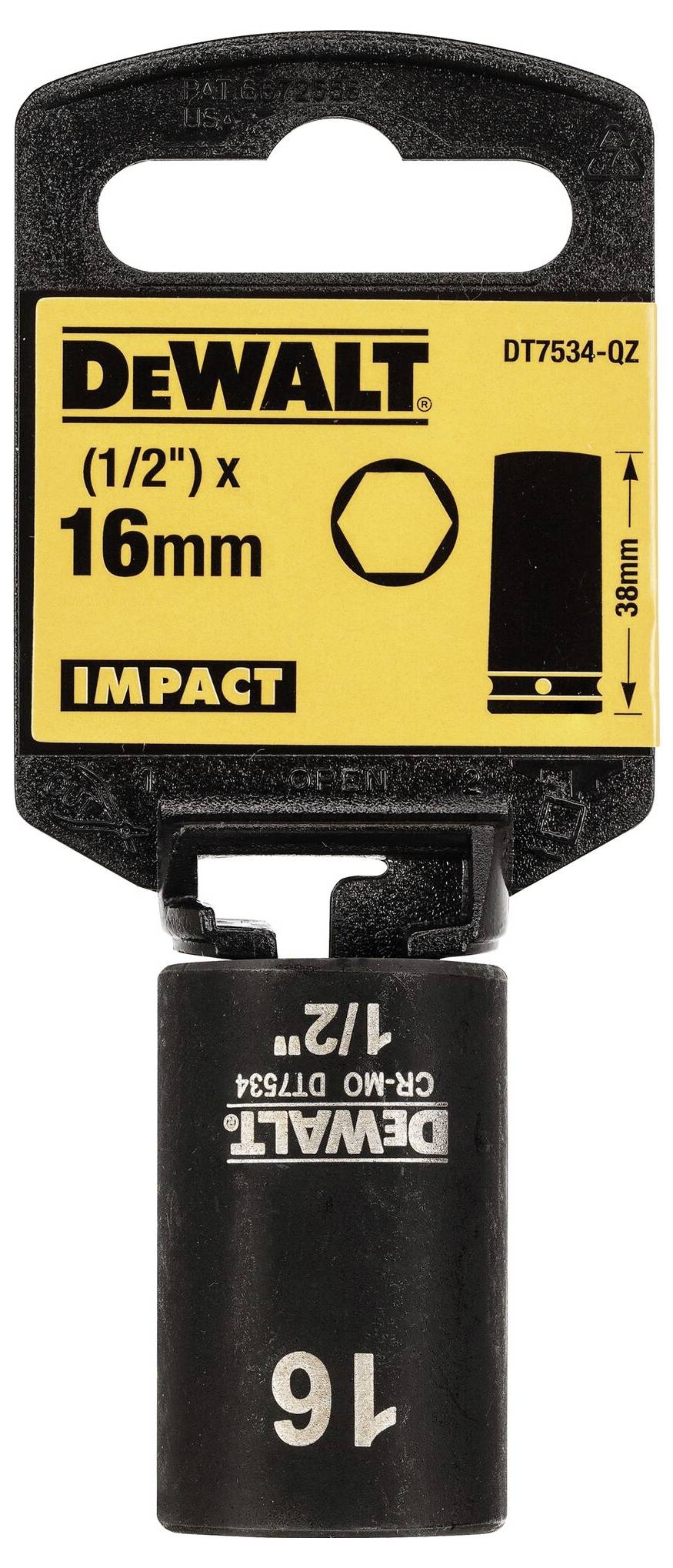 A black DeWalt impact socket, 16 mm, with a yellow label. Tool and size description above.