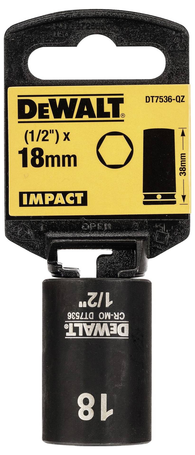 Black 18 mm DeWalt socket, 1/2 inch, for impact wrench, on yellow packaging with manufacturer information.