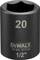 Black socket with size '20', brand 'DeWalt', material 'CR-MO', model 'DT7538', drive '1/2"'.
