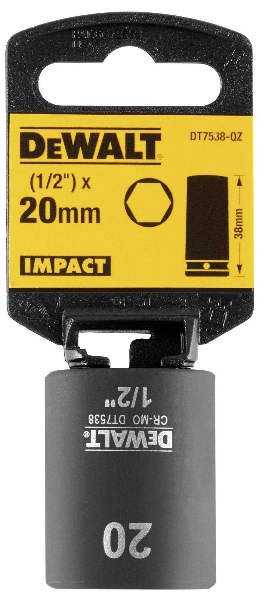 This DeWalt impact socket is 20 mm in size and is designed for a 1/2-inch drive attachment.
