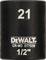 Black nut with white lettering '21', 'DEWALT', 'CR-MO DT7539', '1/2"'. Tool for mechanical applications.
