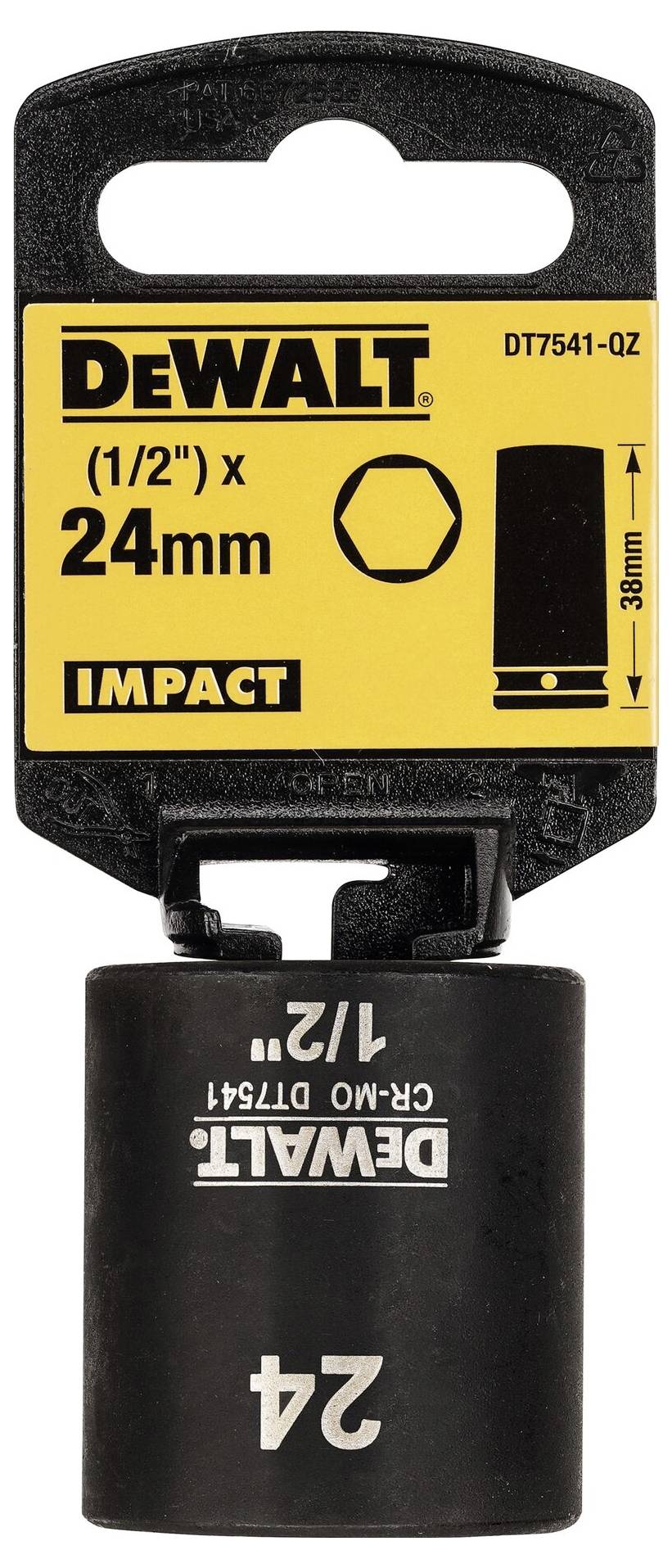DEWALT socket attachment, size 24mm (1/2"), for impact tools, black, with yellow label.
