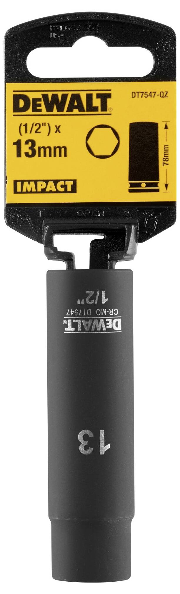 WCAG 2.1 Level AA Text Description: '13mm DEWALT Impact Socket. 1/2 inch drive. Packaging displays logo and product details.'