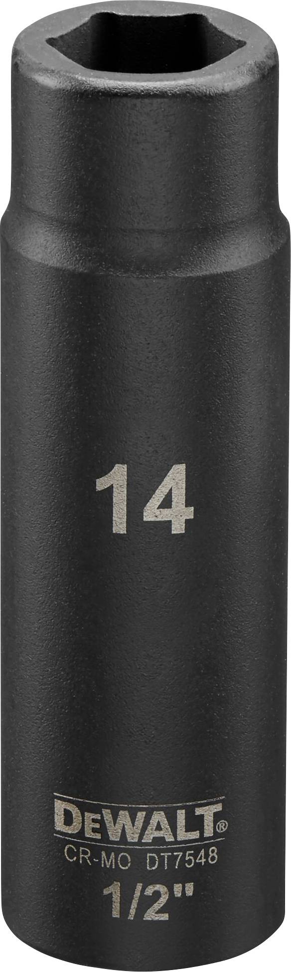 Socket, black steel, hexagon 14 mm. Markings: 'DEWALT', 'CR-MO DT7548', '1/2'.