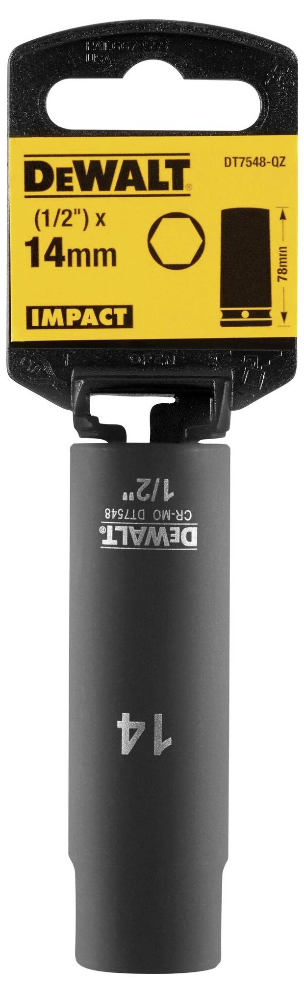 'DEWALT' Socket, 14 mm, 1/2", IMPACT, Model DT7548-QZ, suitable for impact tools, with hexagonal profile.