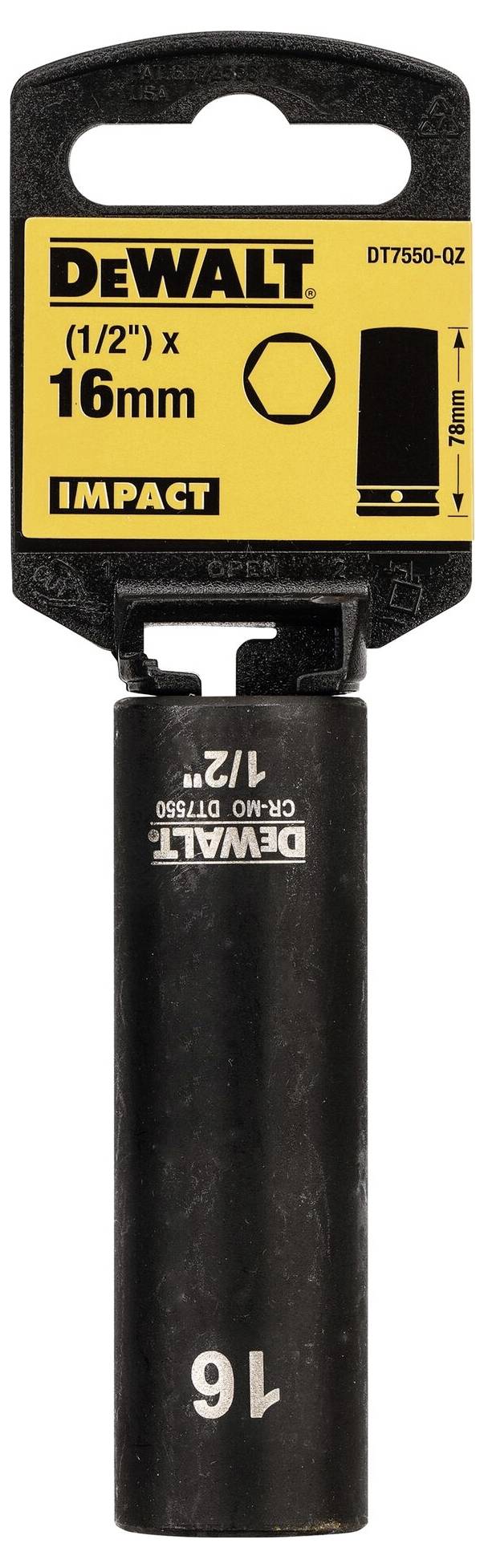 DEWALT socket, 1/2 inch, 16 mm, for impact driver, Model DT7550-QZ, packed in plastic packaging with yellow label.