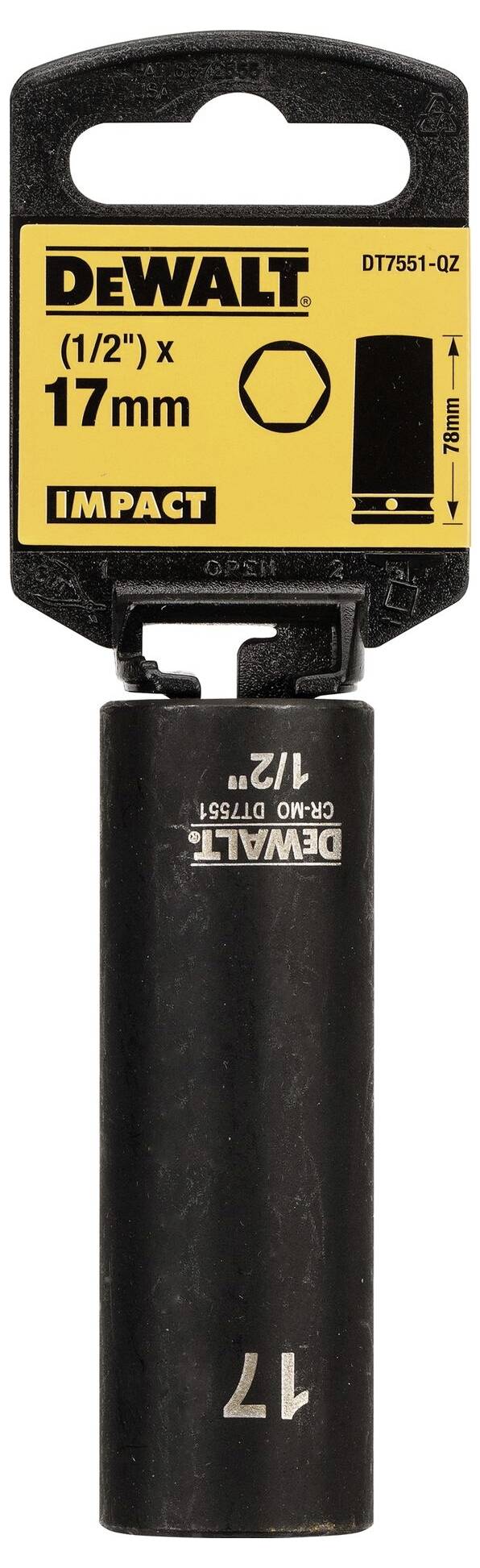 'DeWALT 17 mm Socket, 1/2-inch Drive for Impact Tools, Suitable for Intensive Mechanical Applications.'