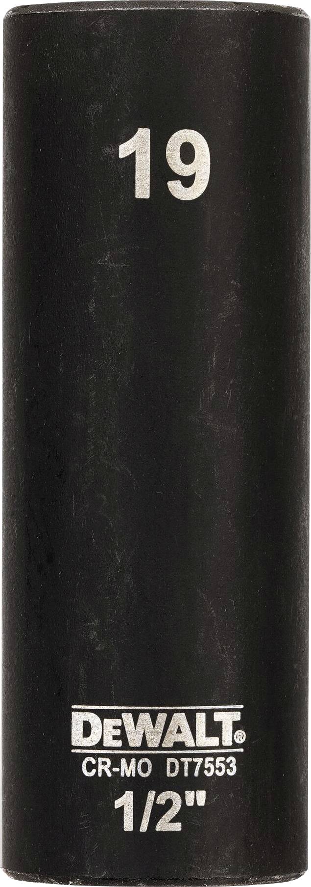 '19 mm DEWALT socket wrench, CR-MO DT7553 model, 1/2 inch drive, black. Used for mechanical work.'
