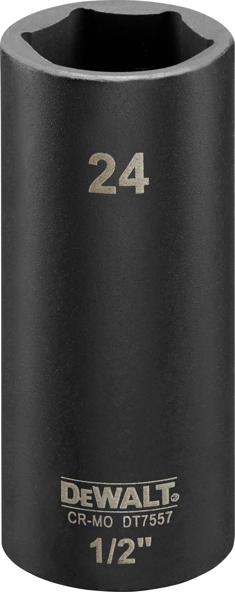 A black socket with size '24' and the inscription 'DEWALT CR-MO DT7557 1/2"'.