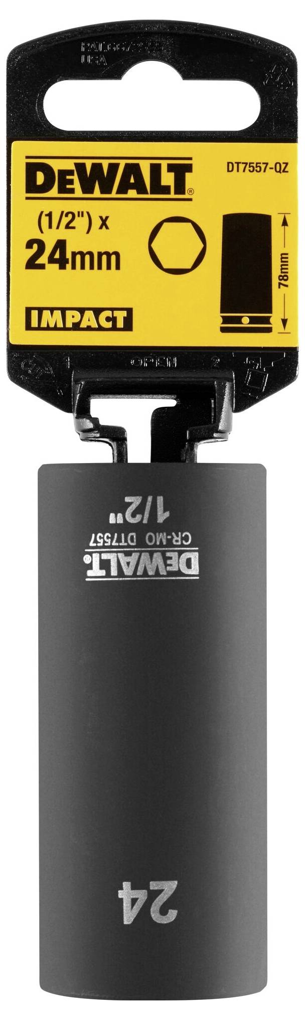 'DEWALT' socket, 1/2" x 24 mm, for impact driver. Packaging top shows hexagon and size specifications.