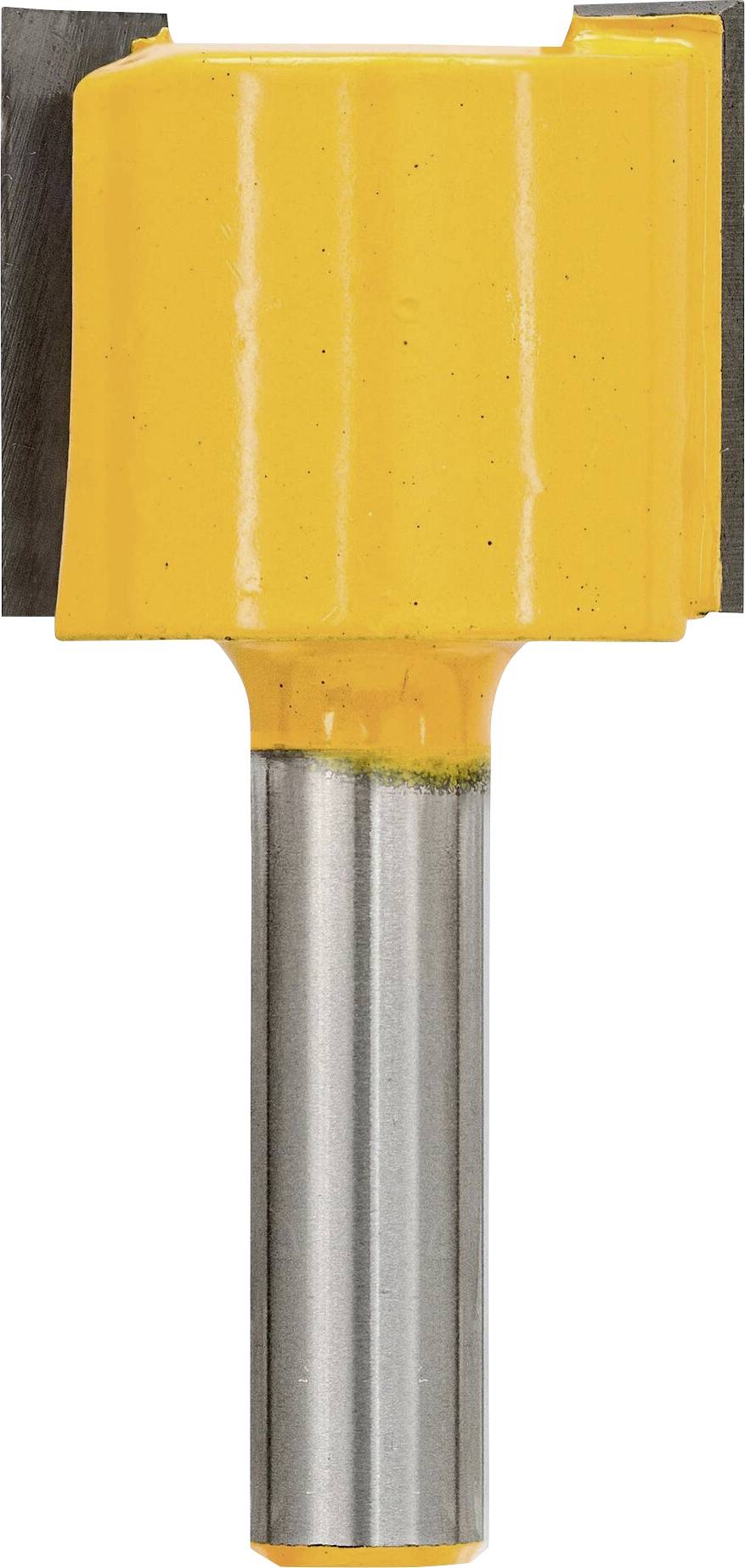 A yellow router with a metal shaft and cutting blades, used for woodworking or metalworking.