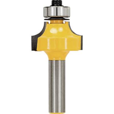 Wood router with a yellow casing and silver shaft, used for woodworking to edge trim or shape materials.