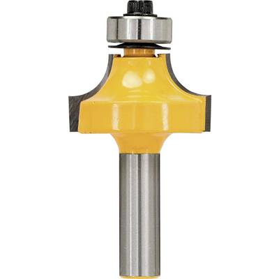 A yellow edge router with an integrated ball bearing demonstrates the cutting edge and shaft, suitable for woodworking.