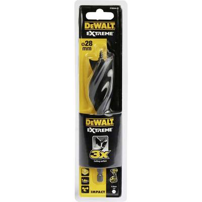 Packaging of a DEWALT wood drill bit, model 'EXTREME 3X', 28 mm diameter, suitable for impact drills.