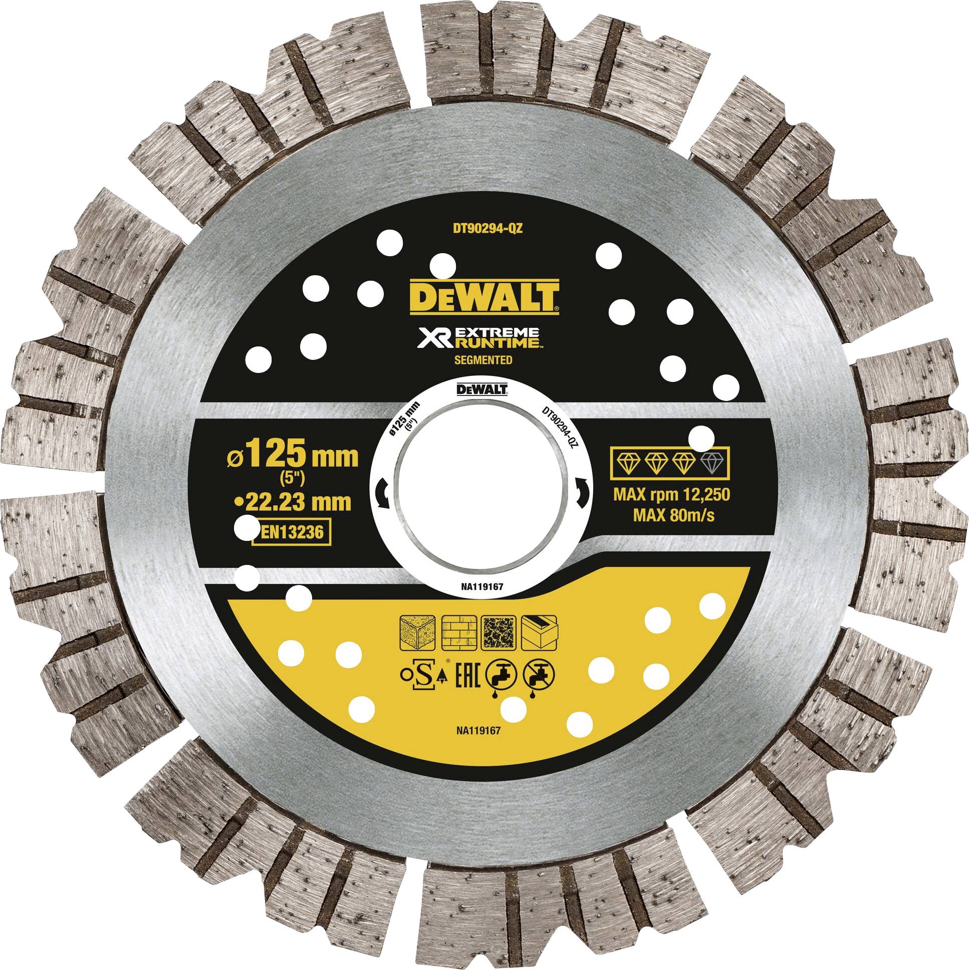 DeWalt saw blade, suitable for dry/wet cutting, primarily for processing concrete and stone, 125 mm diameter.