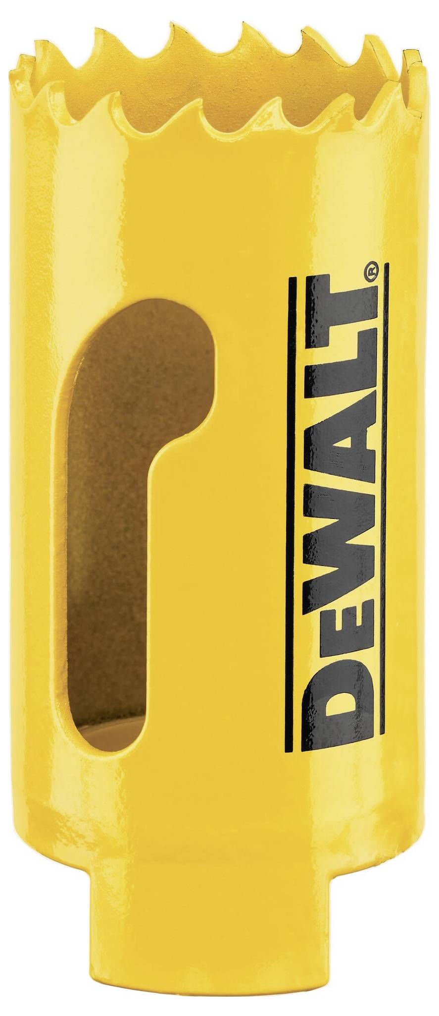 A yellow drill bit from the DEWALT brand with a serrated edge, suitable for drilling holes in materials such as wood or metal.