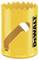 Yellow hole saw with serrated edge and two large openings, brand name 'DEWALT' visible on the side. Suitable for metalworking.