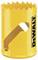 A yellow Dewalt hole saw attachment with a serrated edge for drilling precise holes in materials such as wood or metal.