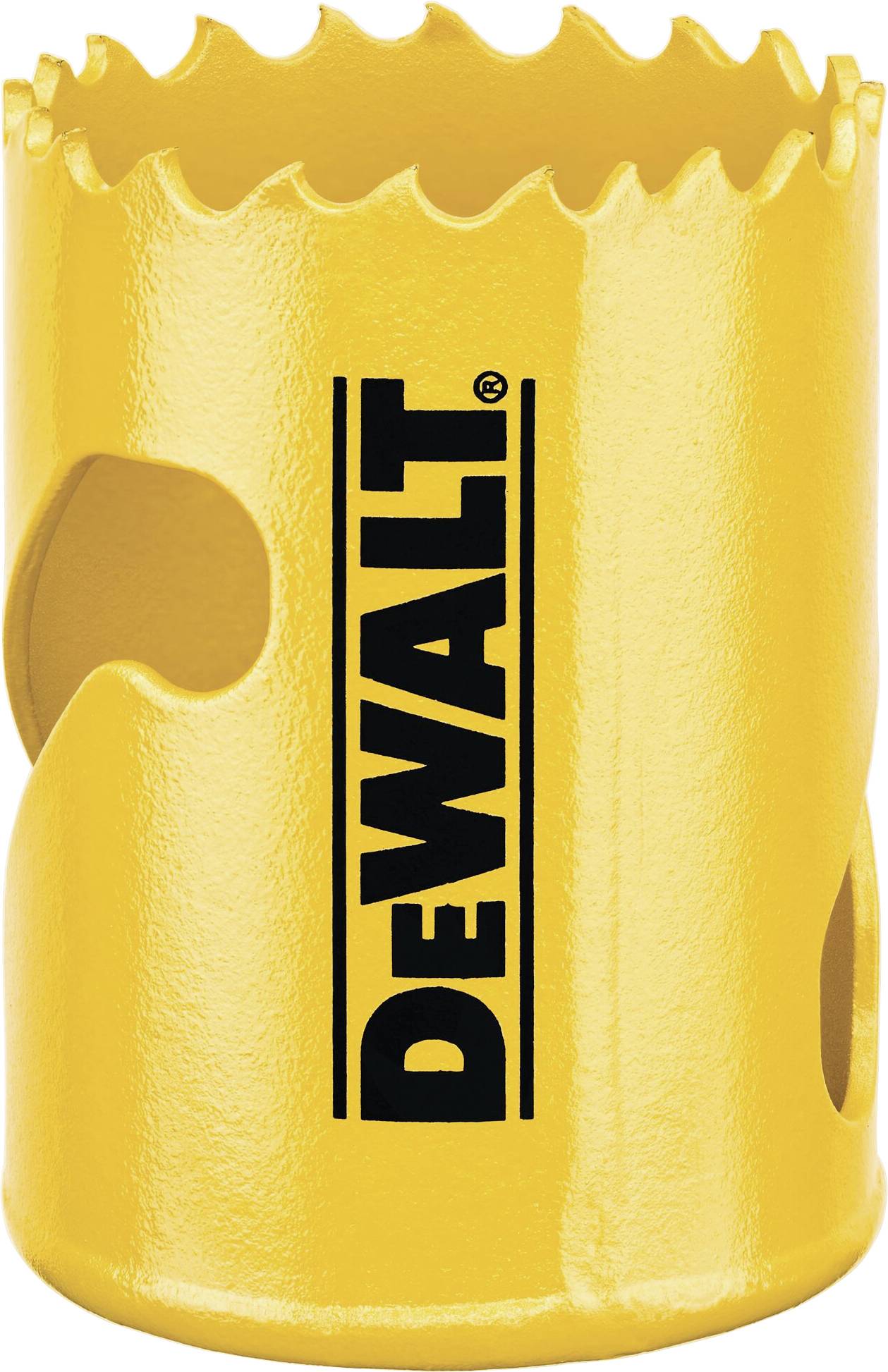 Yellow drill crown with sharp teeth and black 'DEWALT' lettering. Tool for precisely drilling circular holes.
