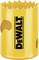 Yellow drill crown with sharp teeth and black 'DEWALT' lettering. Tool for precisely drilling circular holes.