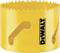 A yellow hole saw attachment with a serrated edge and the 'DEWALT' logo, used for drilling large, round holes in materials.