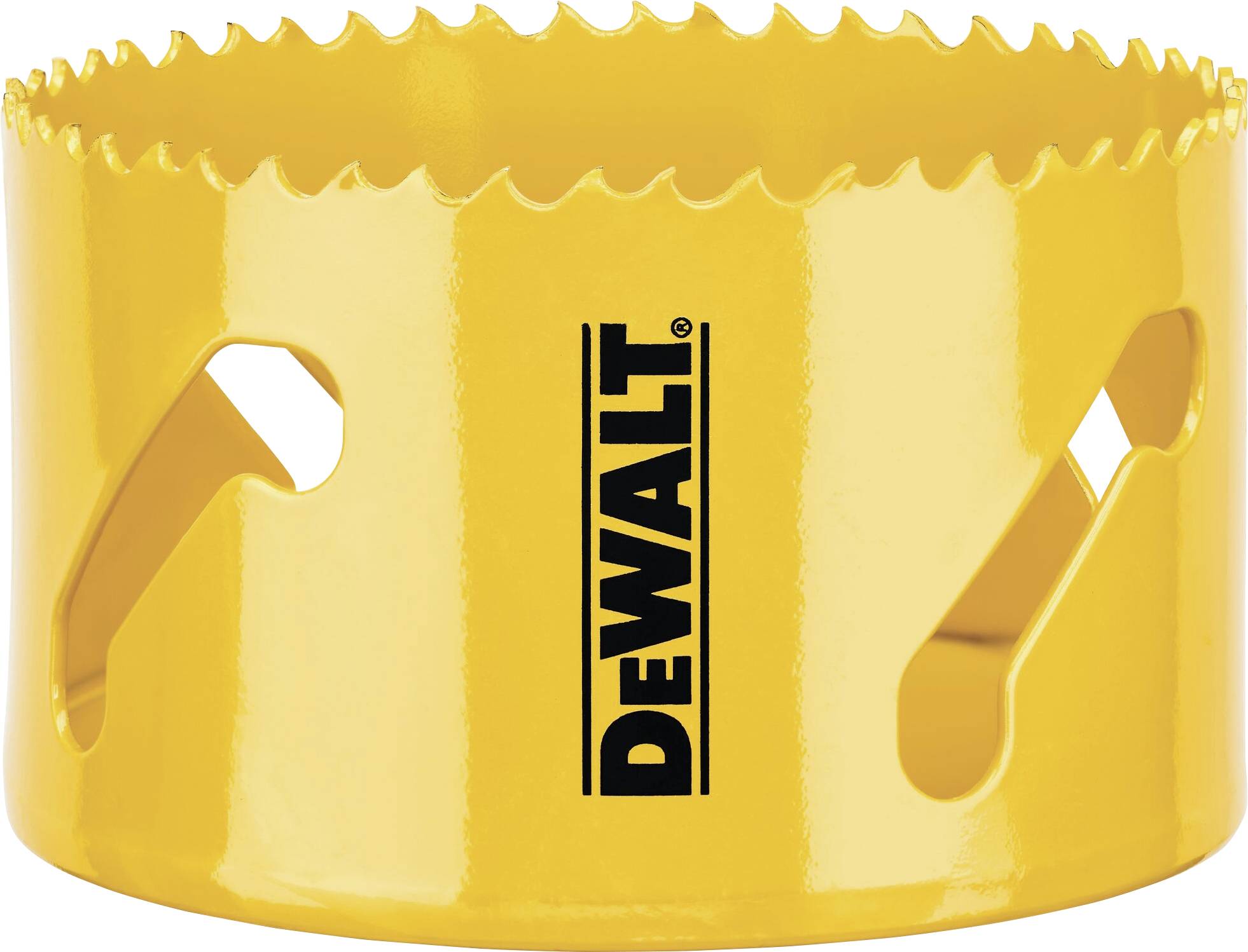 A yellow hole saw attachment by Dewalt with a serrated edge, used for drilling large holes in various materials.