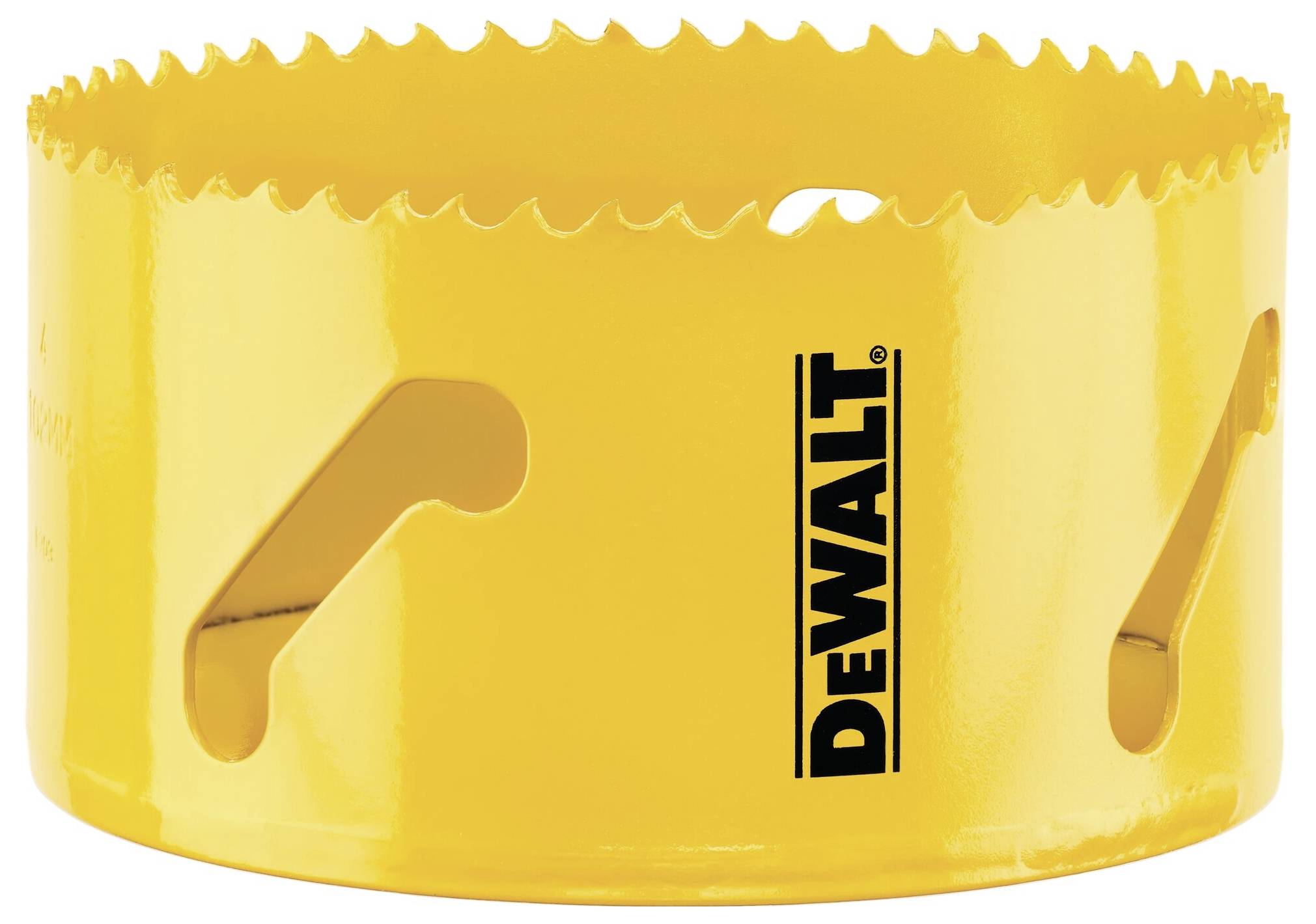 Yellow drill crown with serrated edge, 'Dewalt' brand.
