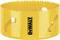 Yellow hole saw attachment with sharp teeth, branded 'DEWALT'. Used for drilling large holes in materials.