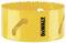 Yellow hole saw with sharp, serrated teeth and 'DEWALT' lettering. Used for drilling large holes in materials.