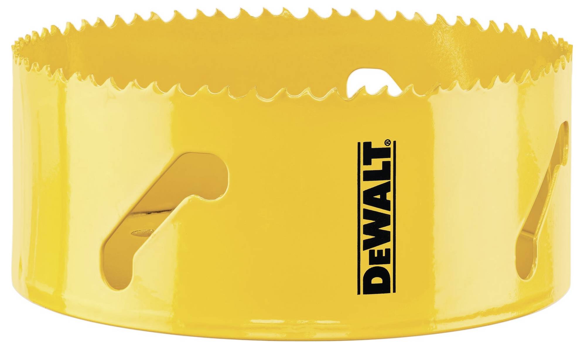 Yellow circular saw blade with sharp teeth, printed on the side with black 'DEWALT' logo. Tool for cutting materials.