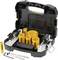 'Tool kit with yellow hole saws, drill bits and accessories by DeWalt, presented in a black case with carry handle.'
