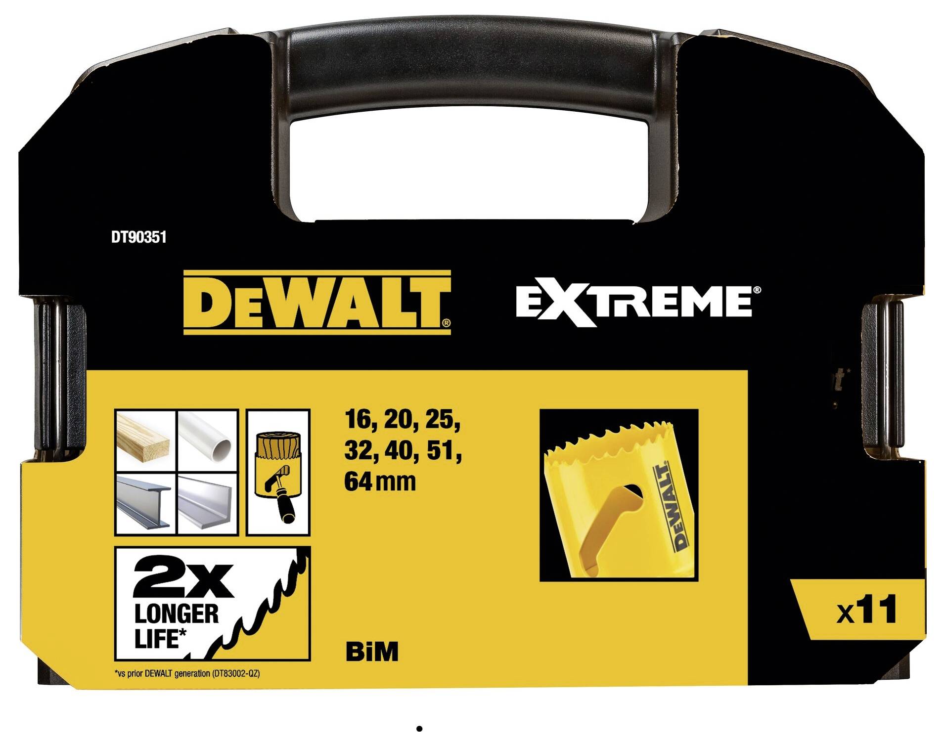 DeWalt Extreme Drill Bit Set, 11-piece, for metalworking; sizes 16-64 mm; promises '2x longer lifespan'.