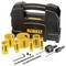 'DeWalt' hole saw set with various yellow saws and accessories, presented in front of a black plastic carry bag.