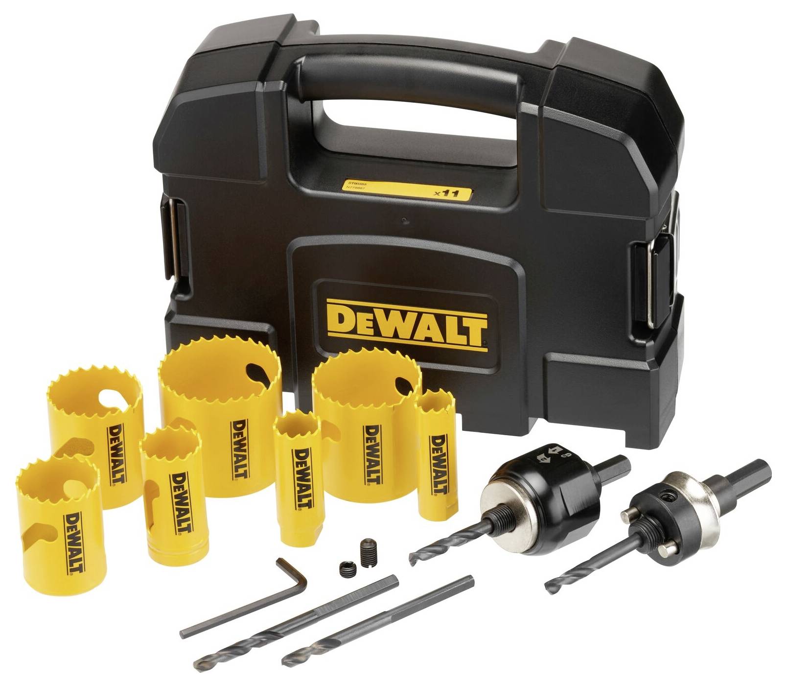 DeWalt drill crown set with various drill heads and accessories in a black case. Primarily suitable for DIY projects.