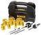 DeWalt drill crown set with various drill heads and accessories in a black case. Primarily suitable for DIY projects.