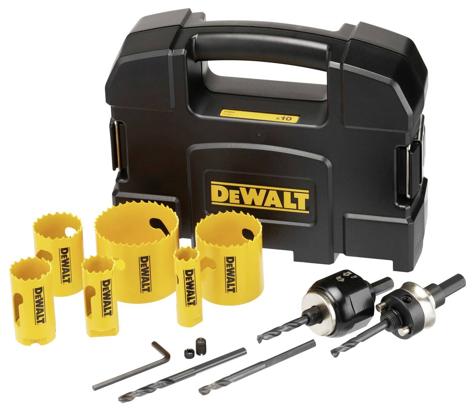 Yellow hole saw set by DEWALT with multiple drill bits in a black carry case. Tool for precise drilling in various sizes.