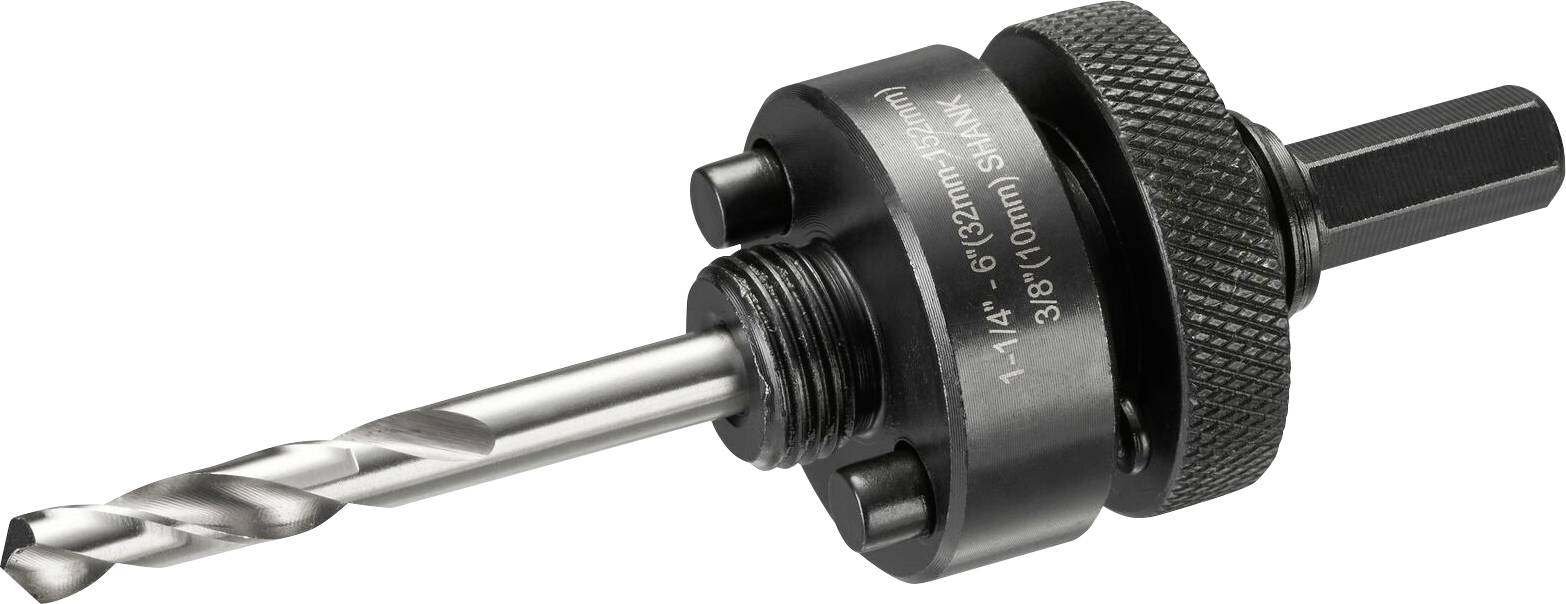 'Hole saw set with drill bit and chuck, suitable for wood and metal working.'