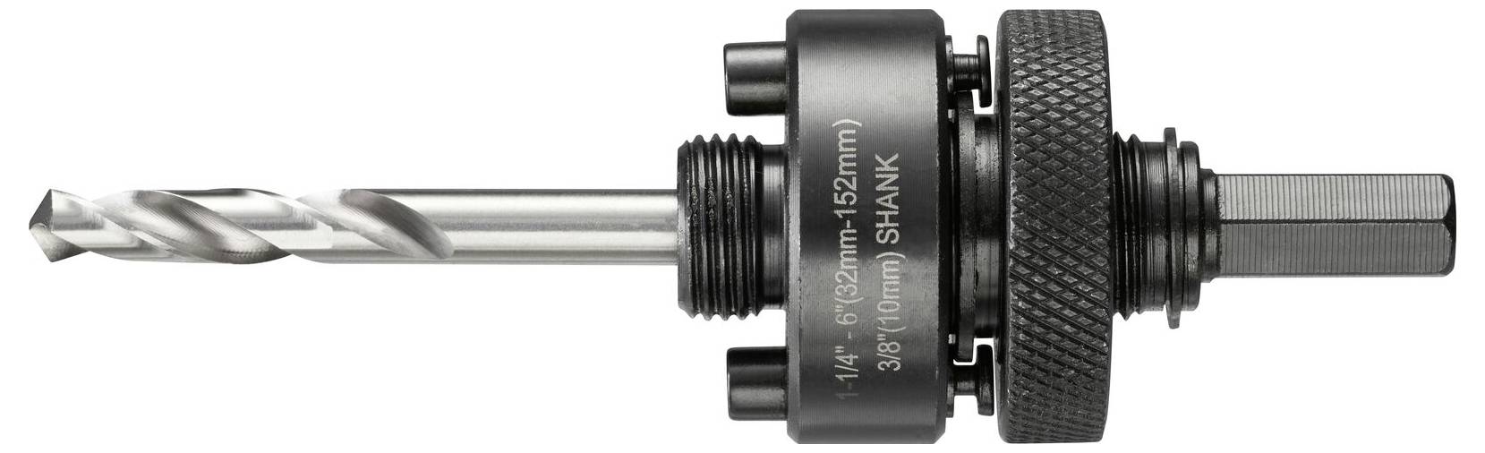 Metal drill bit with a black mounting attachment, suitable for hole saw applications, on a white background.